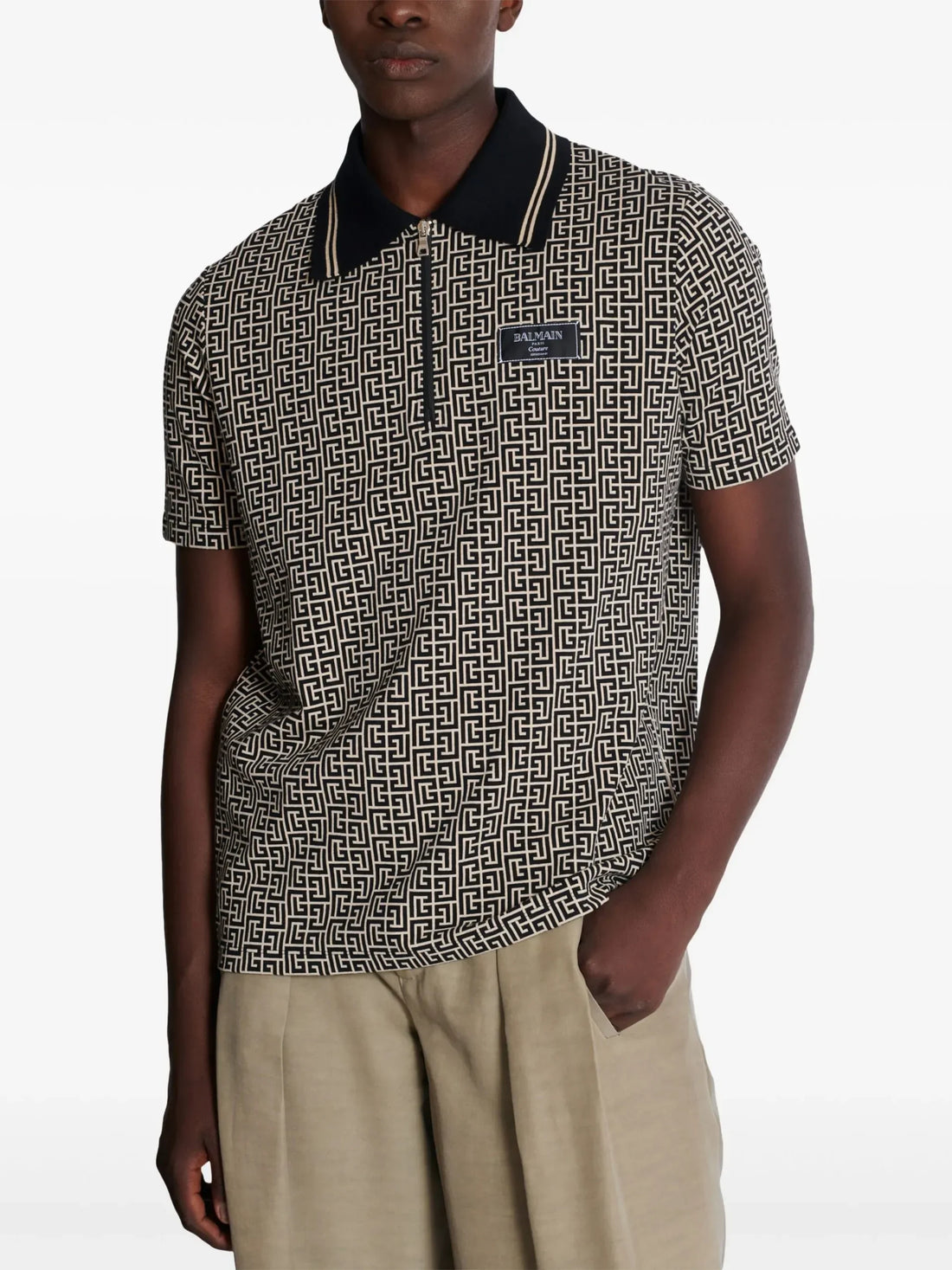 Balmain Labyrinth Jacquard Polo Shirt in black with a refined patterned jacquard design and signature logo patch, available at Lestyle Boutique.