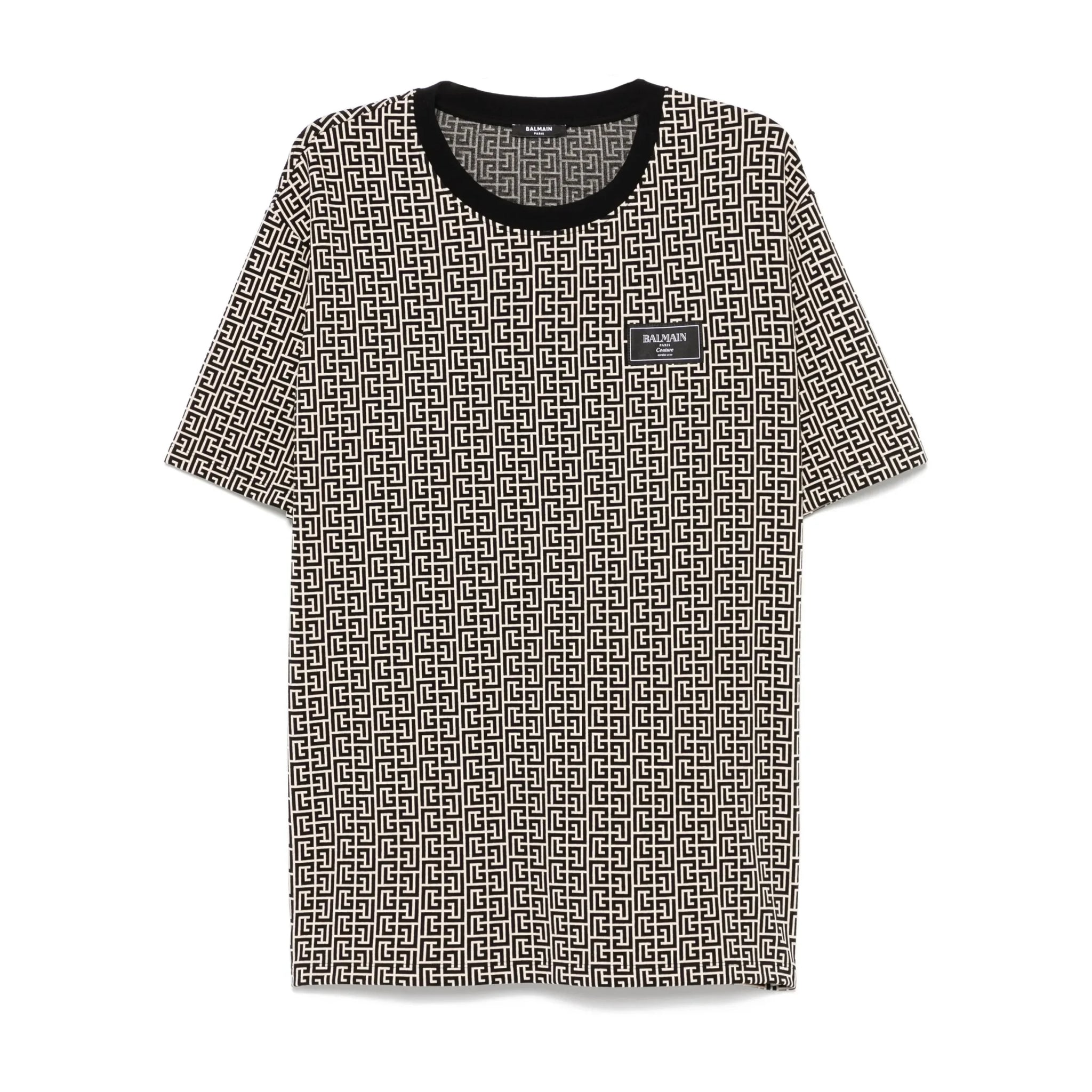 Balmain light beige PB Labyrinth Jacquard T-shirt featuring a crew neck, short sleeves, and a logo patch at the chest, available at Lestyle Boutique.