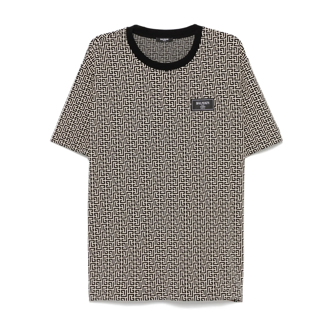 Balmain light beige PB Labyrinth Jacquard T-shirt featuring a crew neck, short sleeves, and a logo patch at the chest, available at Lestyle Boutique.
