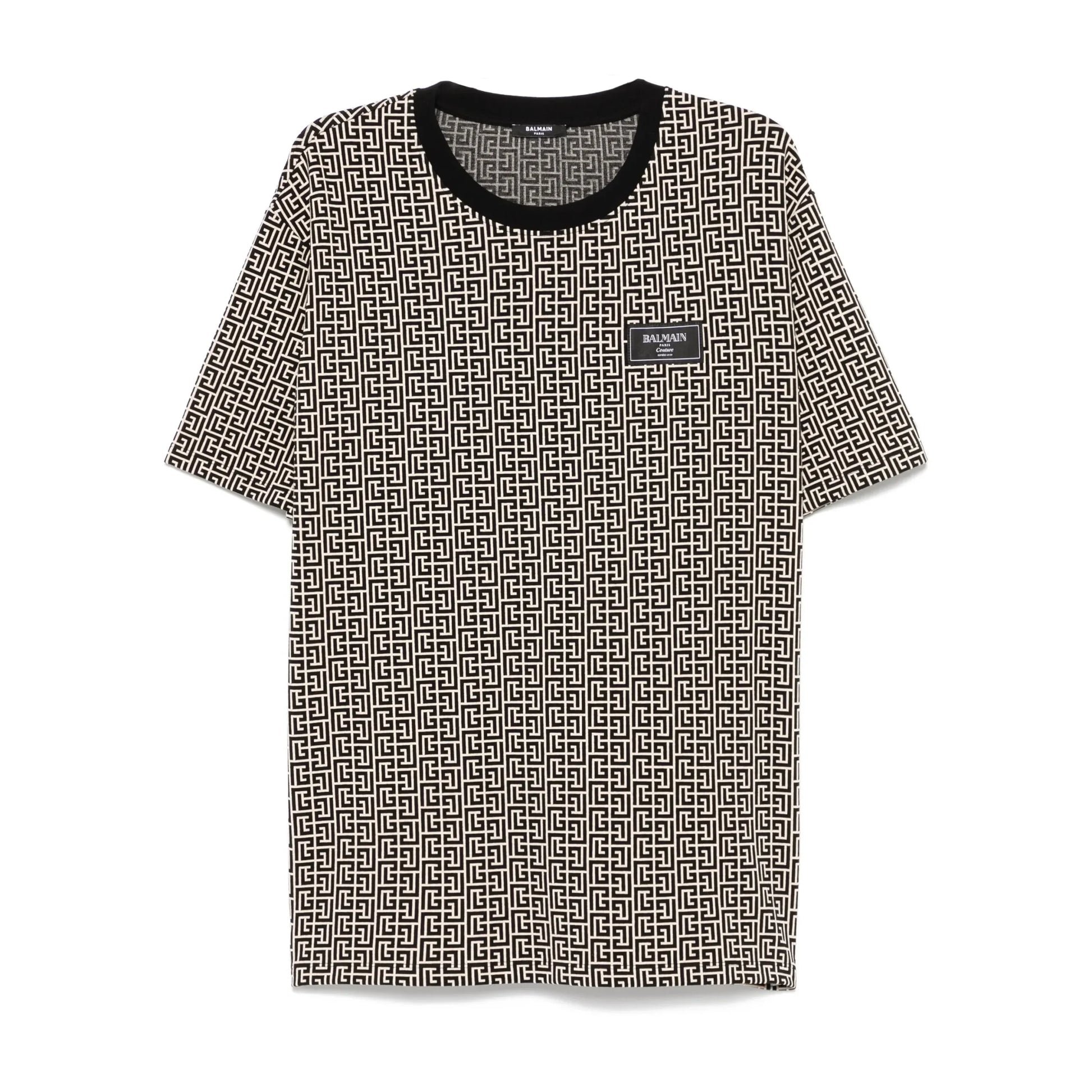 Balmain light beige PB Labyrinth Jacquard T-shirt featuring a crew neck, short sleeves, and a logo patch at the chest, available at Lestyle Boutique.
