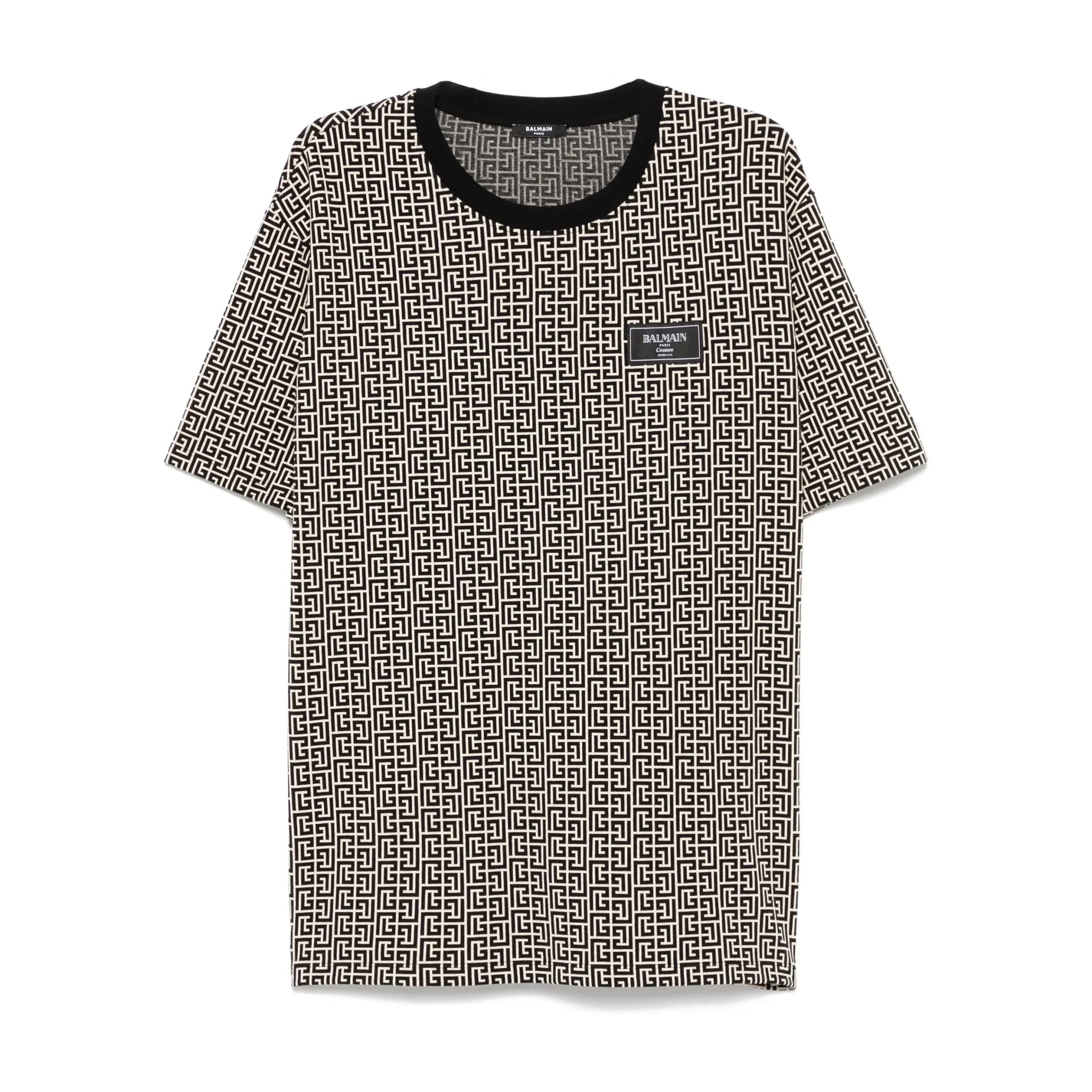Balmain light beige PB Labyrinth Jacquard T-shirt featuring a crew neck, short sleeves, and a logo patch at the chest, available at Lestyle Boutique.