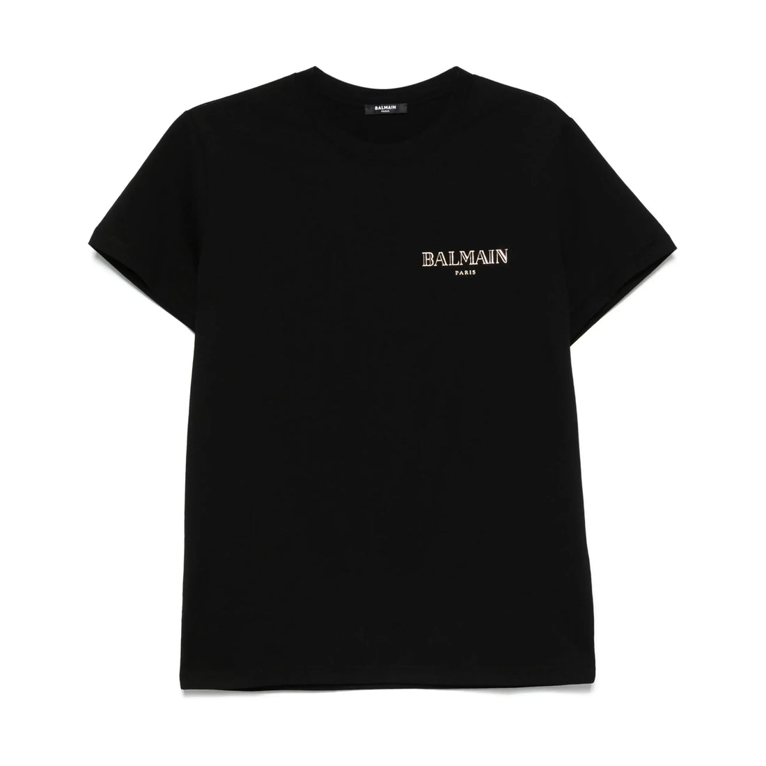 Balmain Black Logo-Appliqué T-Shirt with a minimalist chest logo, crafted from premium cotton, available at Lestyle Boutique.