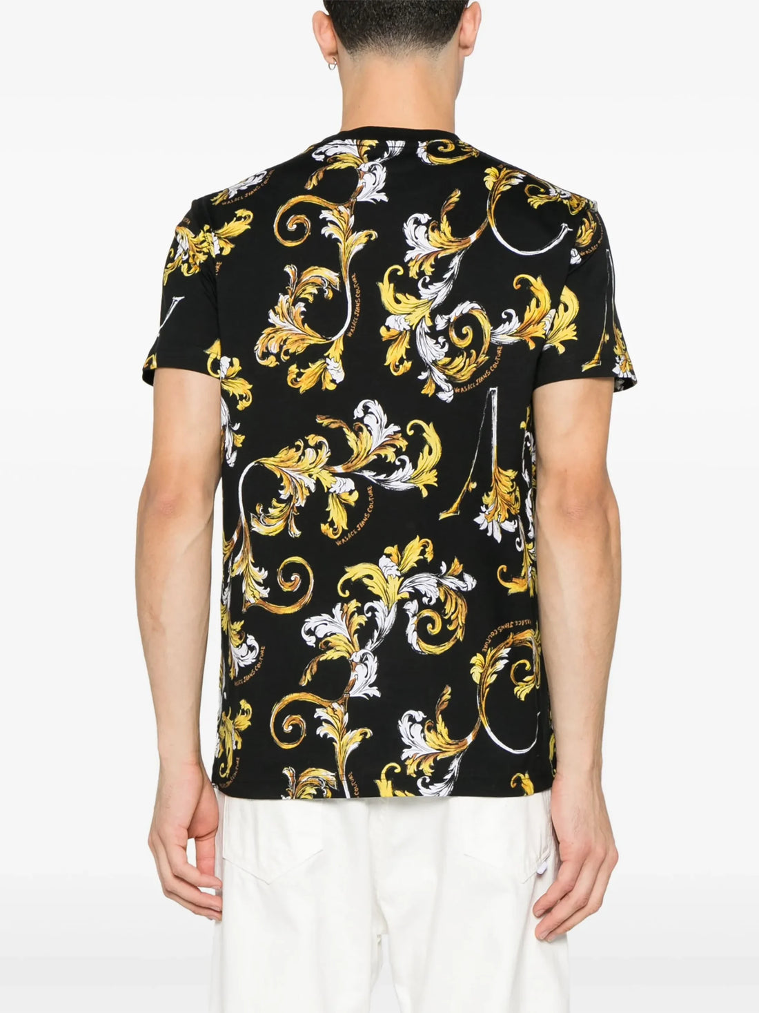 Versace Jeans Couture Barocco-Print T-Shirt in black, showcasing an intricate all-over baroque design in yellow and white, crafted for both comfort and style, available at Lestyle Boutique.