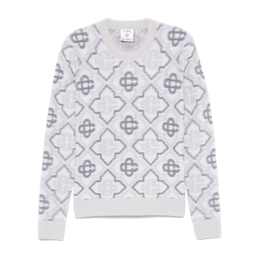 Casablanca light grey monogram sweater with ribbed cuffs and a crew neck, featuring a premium merino wool blend, available at Lestyle Boutique.