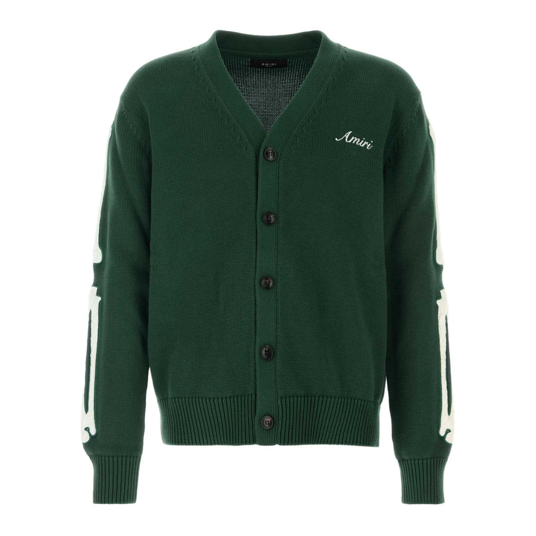 A forest green cotton cardigan by AMIRI, available at Lestyle Boutique. This cardigan features bone embroidery on the sleeves, a V-neck, front button fastening, and ribbed detailing for a stylish and contemporary look.