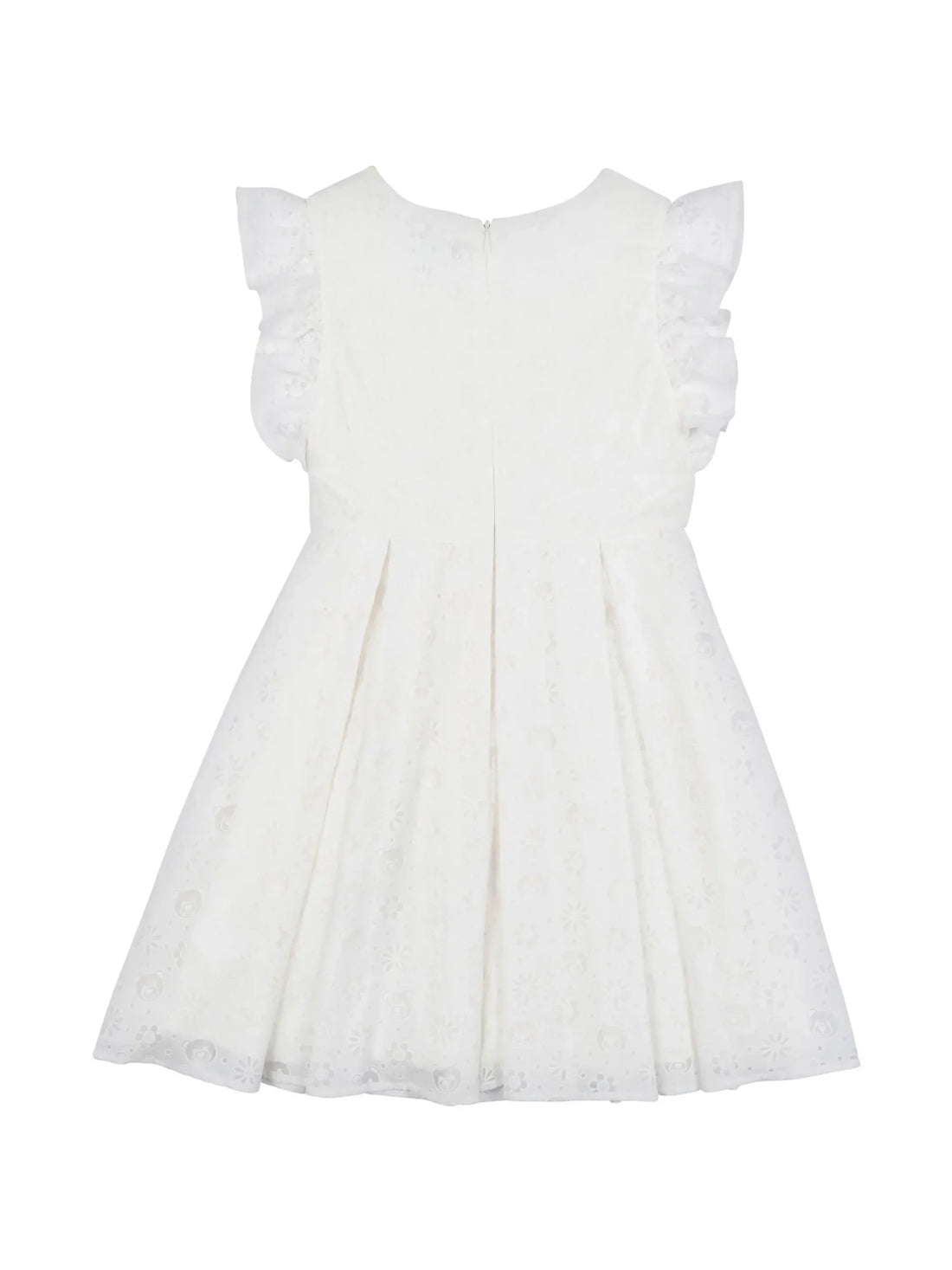Moschino Kids girls' white jacquard dress featuring a square neck, sleeveless design with ruffled detailing, a gold-tone logo plaque below the neckline, and a concealed rear zip, available at Lestyle Boutique 136 Little Collins St.