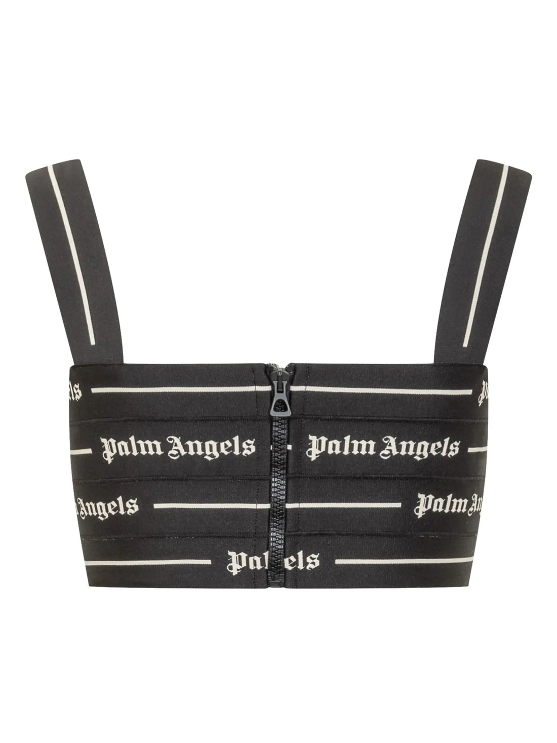 Palm Angels black crop top featuring logo tape detailing, a square neckline, slim shoulder straps, and a rear zip fastening, available at Lestyle Boutique.