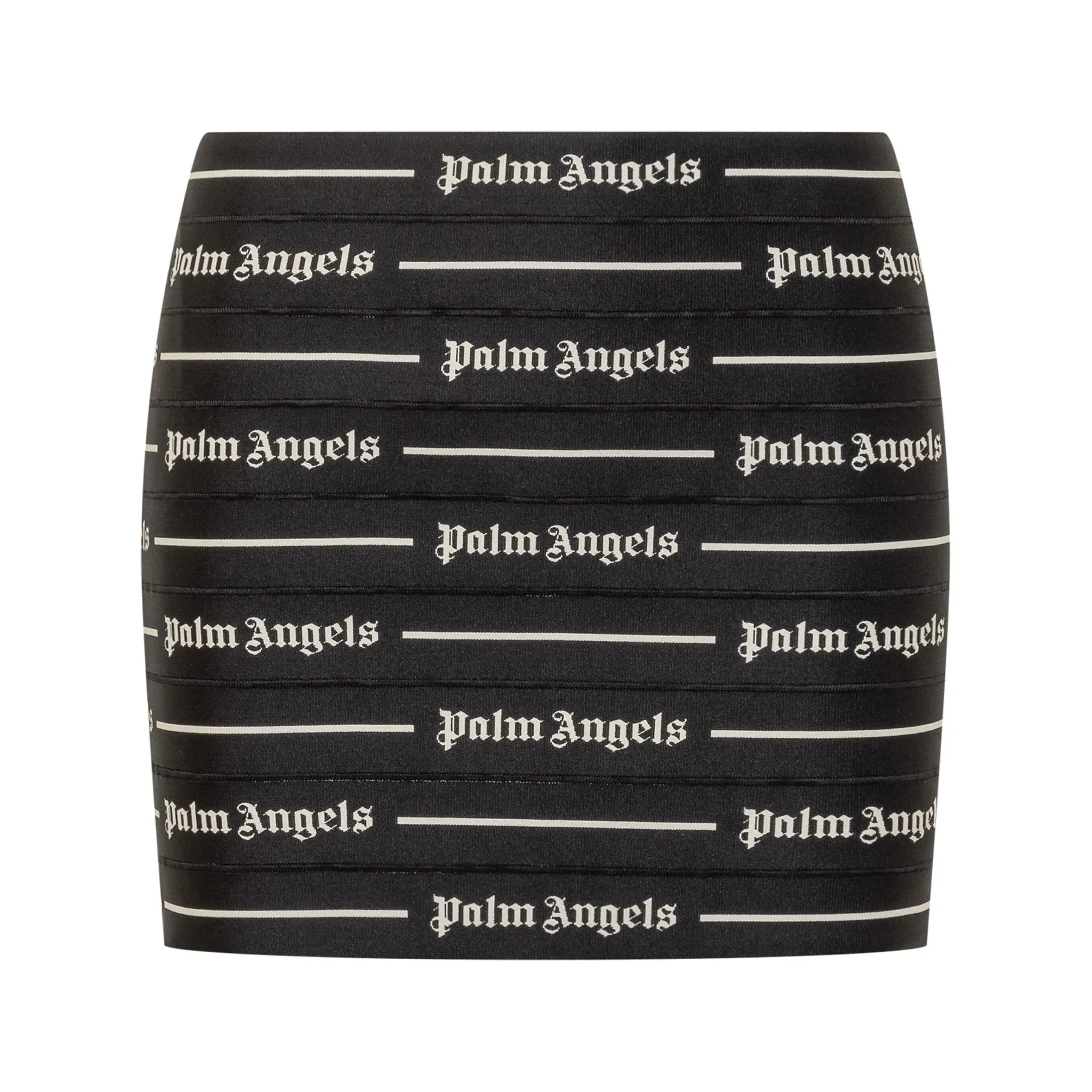 Palm Angels black mini skirt featuring an all-over logo print, high-rise fit, and rear zip fastening, available at Lestyle Boutique.