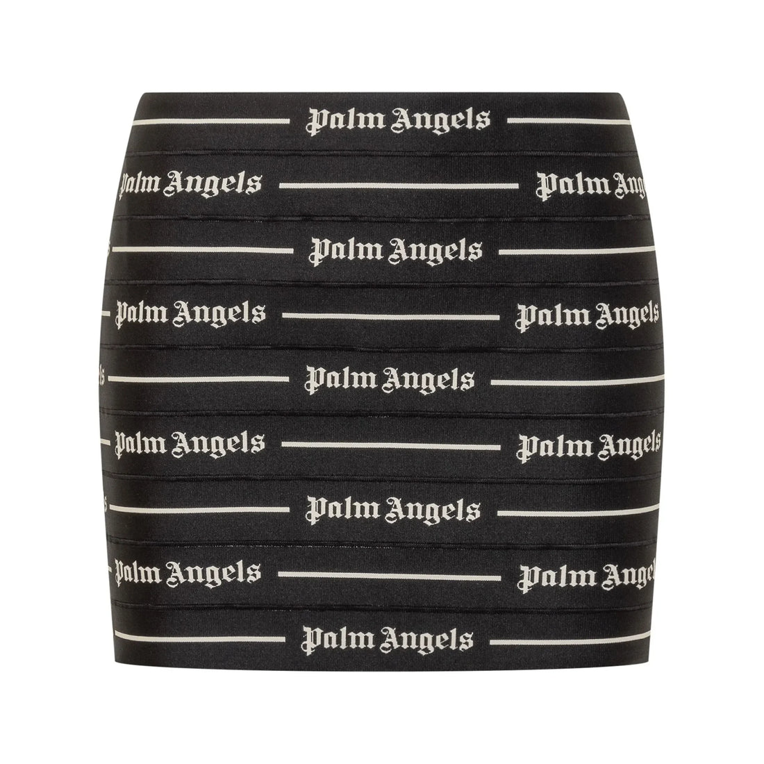 Palm Angels black mini skirt featuring an all-over logo print, high-rise fit, and rear zip fastening, available at Lestyle Boutique.