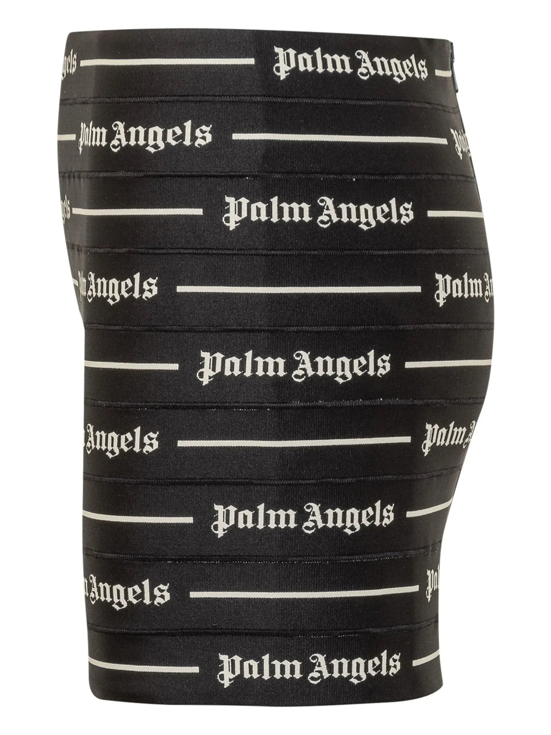 Palm Angels black mini skirt featuring an all-over logo print, high-rise fit, and rear zip fastening, available at Lestyle Boutique.