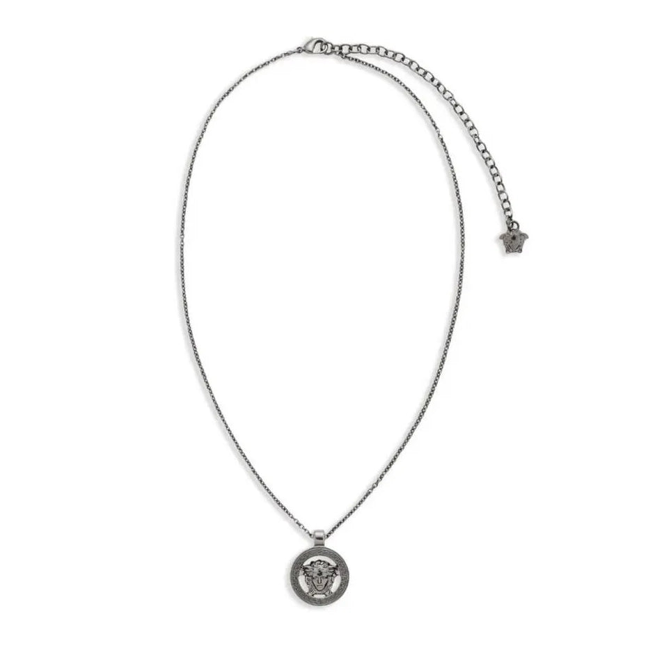 Versace Medusa 95 Pendant Necklace in silver-tone with an engraved Medusa head pendant and adjustable chain, available at Lestyle Boutique.
