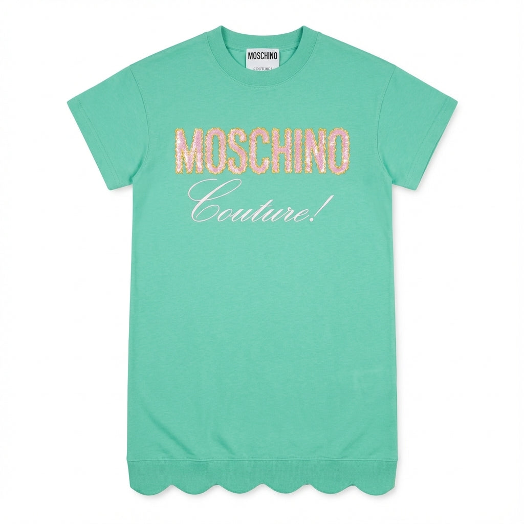 Moschino dress featuring logo lettering and Couture script in turquoise available at Lestyle Boutique Melbourne