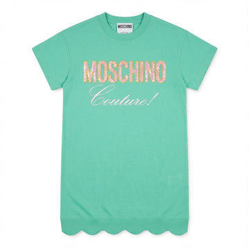 Moschino dress featuring logo lettering and Couture script in turquoise available at Lestyle Boutique Melbourne
