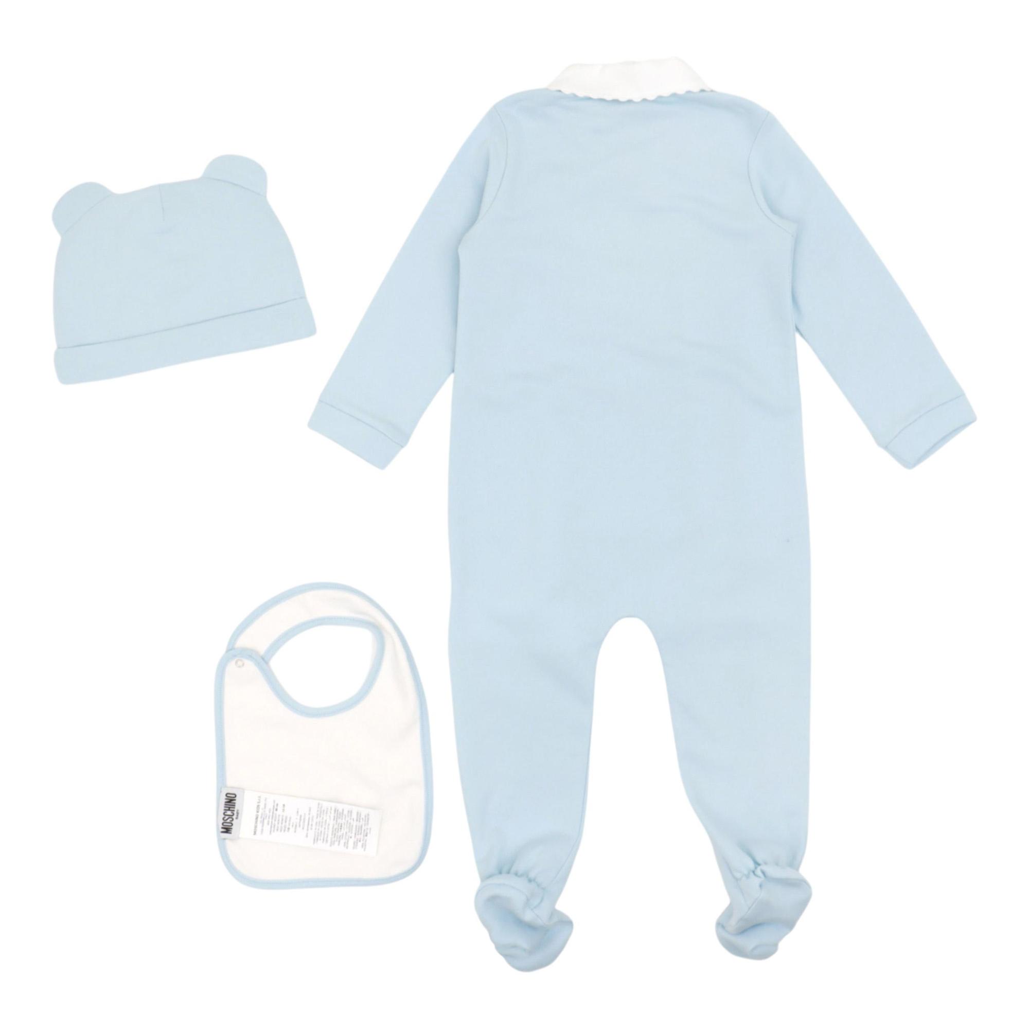MOSCHINO baby romper set featuring teddy bear logo in pastel blue available at Lestyle Boutique Melbourne