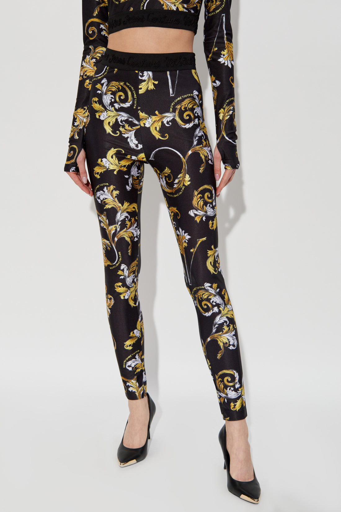 Versace Jeans Couture Black Outline Barocco Leggings showcasing a baroque print and branded waistband, available at Lestyle Boutique.