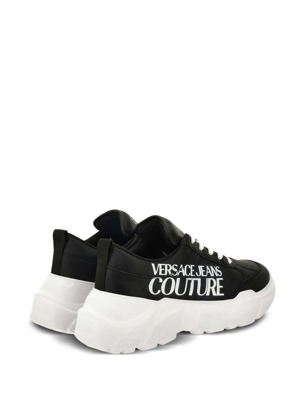 Versace Jeans Couture logo-print chunky trainers, black leather-look finish with a chunky sole, available at Lestyle Boutique Melbourne
