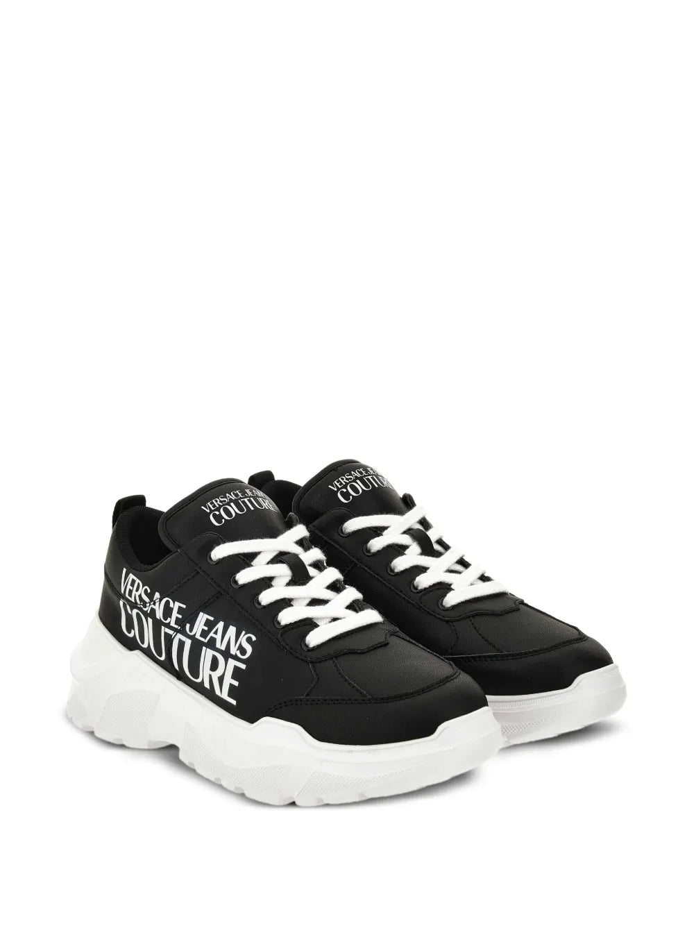 Versace Jeans Couture logo-print chunky trainers, black leather-look finish with a chunky sole, available at Lestyle Boutique Melbourne