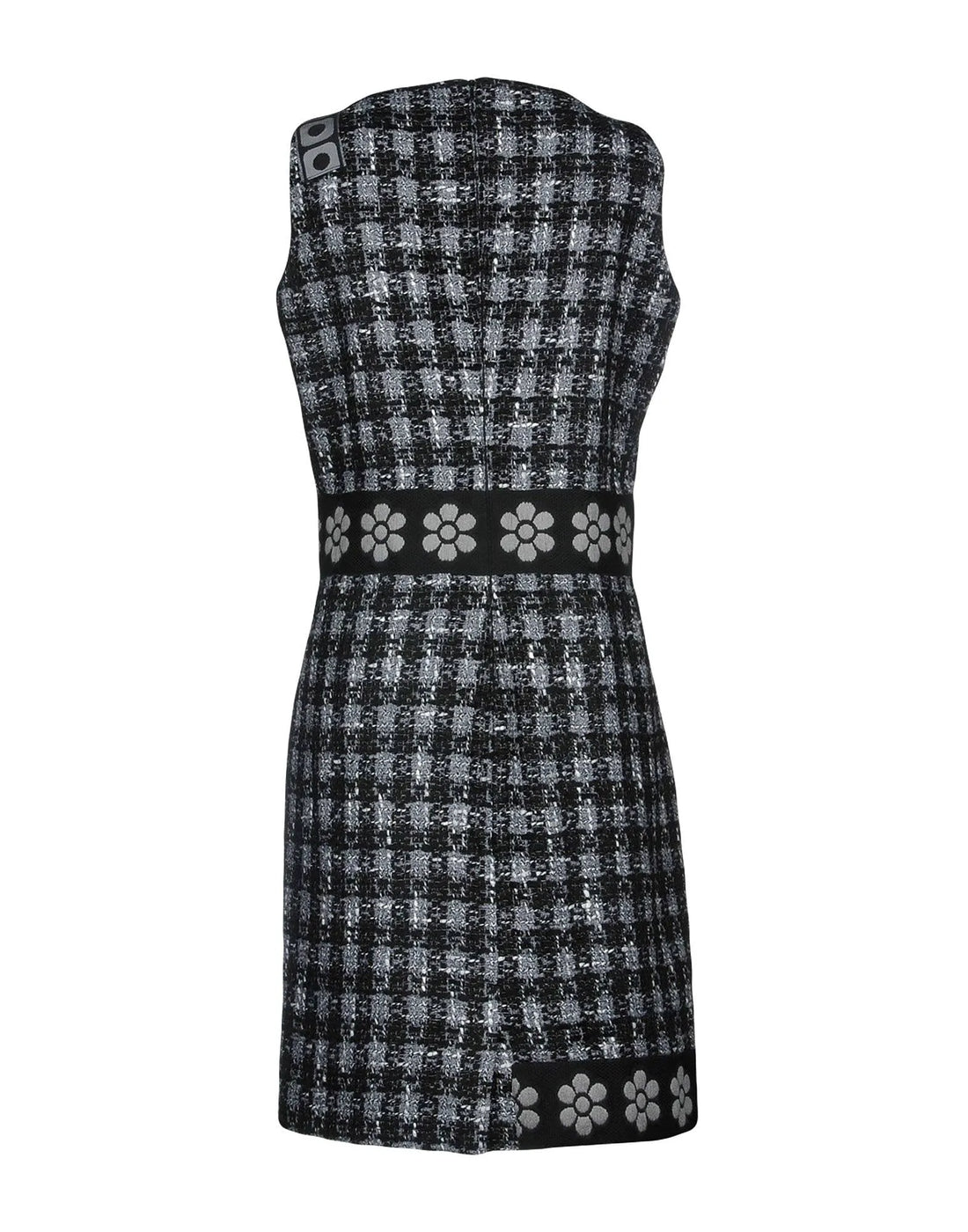 Boutique Moschino black and white patchwork tweed midi dress featuring floral jacquard details, sleeveless design, and round neck, available at Lestyle Boutique 136 Little Collins St.