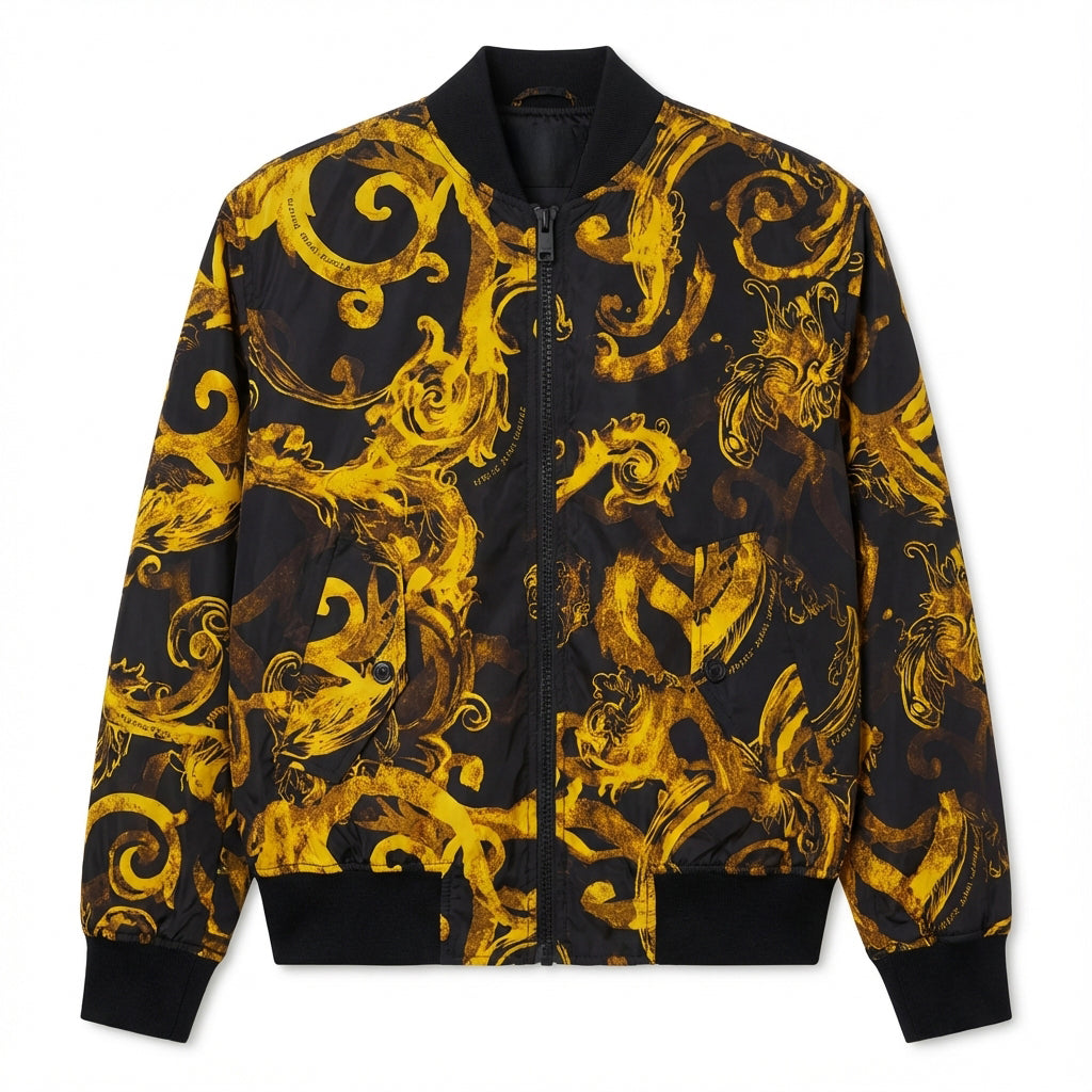 Versace Jeans Couture jacket featuring reversible gold baroque print on black, available at Lestyle Boutique Melbourne