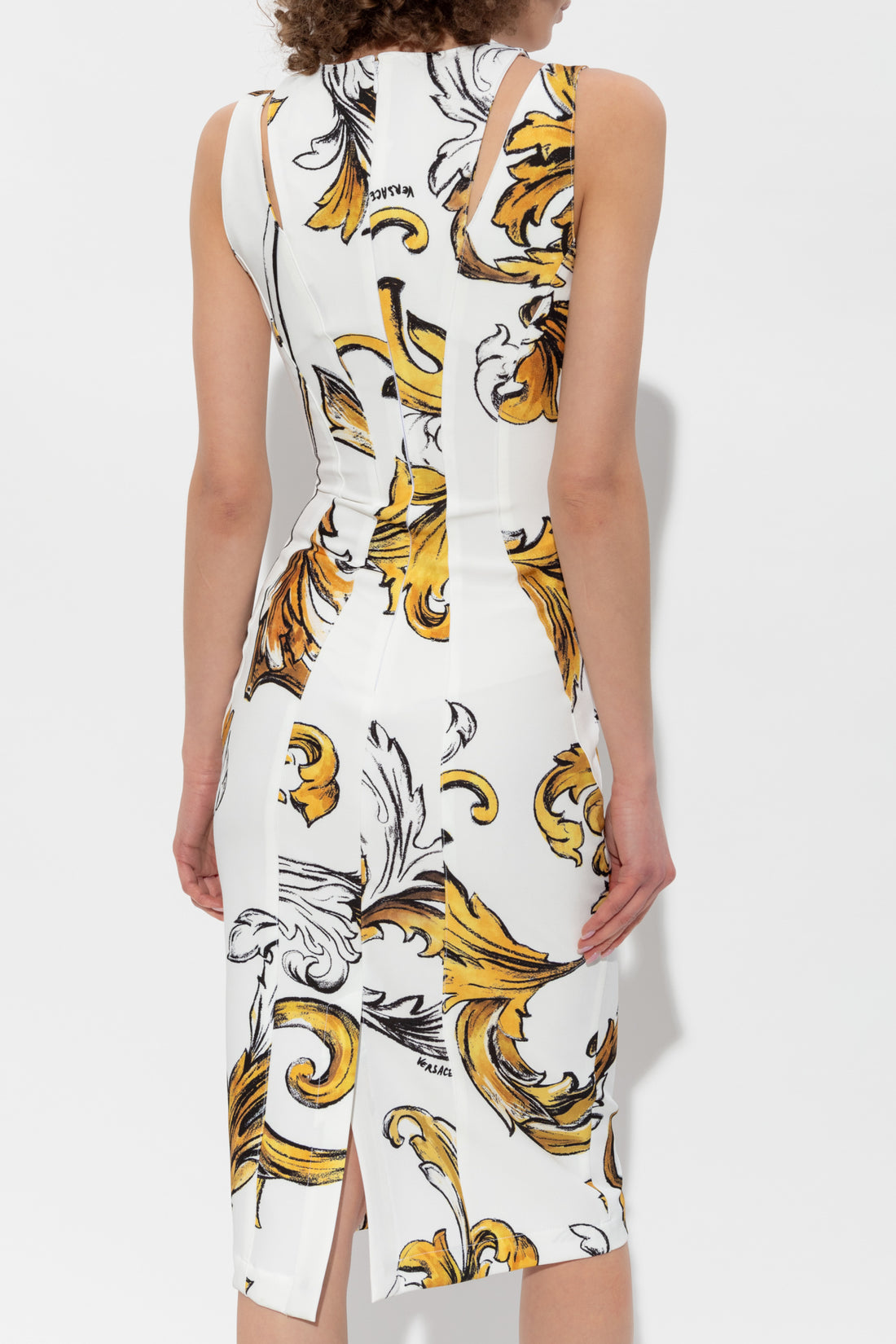 Versace Jeans Couture White Dress with Outline Barocco Print, featuring bold patterns and gold accents, available at Lestyle Boutique.