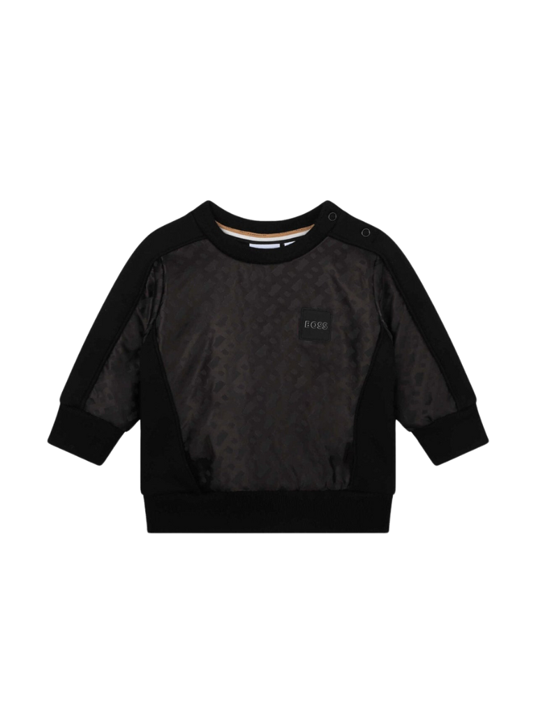 BOSS Kidswear black stretch-cotton sweatshirt featuring a stylish logo print on the front. This premium piece showcases a classic crew neck design with long sleeves, perfect for comfort and style. The high-quality material ensures durability, making it ideal for active kids. Perfect for casual outings or playdates, this designer sweatshirt adds a touch of luxury to any child's wardrobe, available at Lestyle Boutique Melbourne.