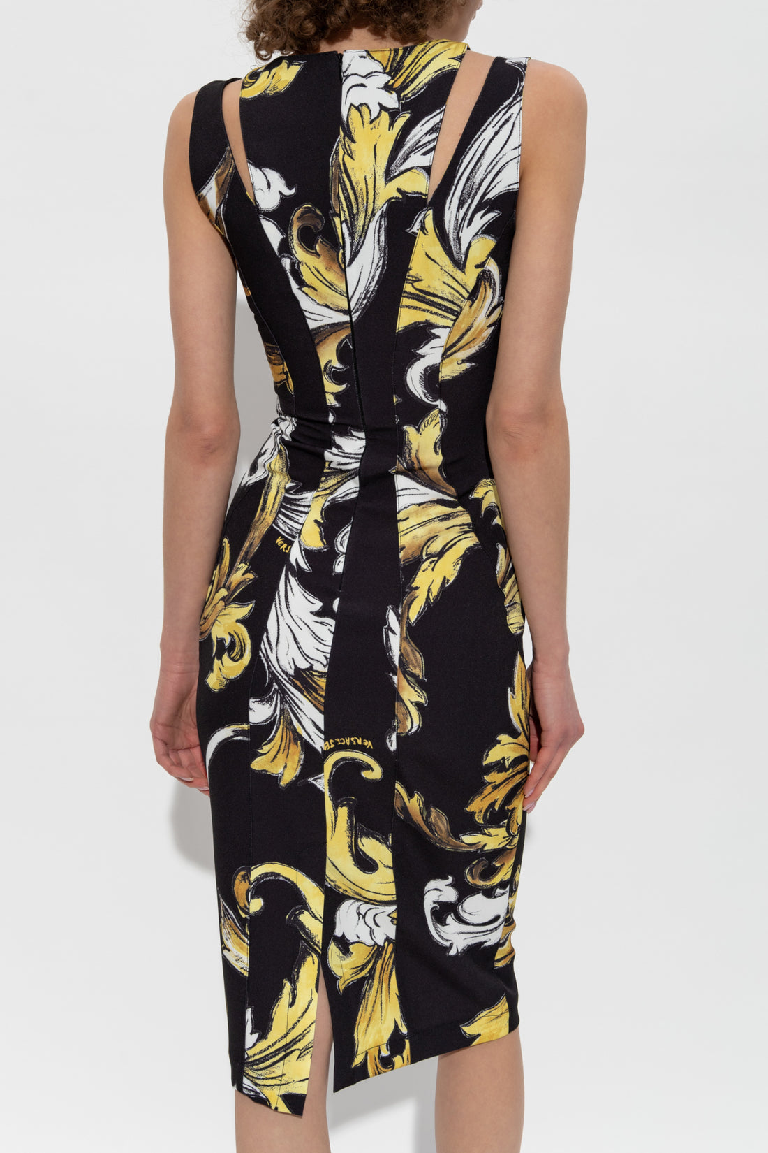 Versace Jeans Couture Black Dress with Outline Barocco Print, featuring a sleek design and luxurious baroque detailing, available at Lestyle Boutique.