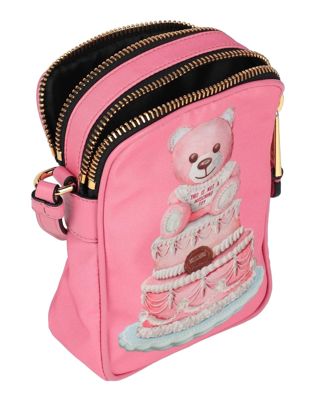 Moschino pink cross-body bag featuring a multicolor Teddy Bear cake print, zip closure, and long strap, Made in Italy, available at Lestyle Boutique 136 Little Collins St.