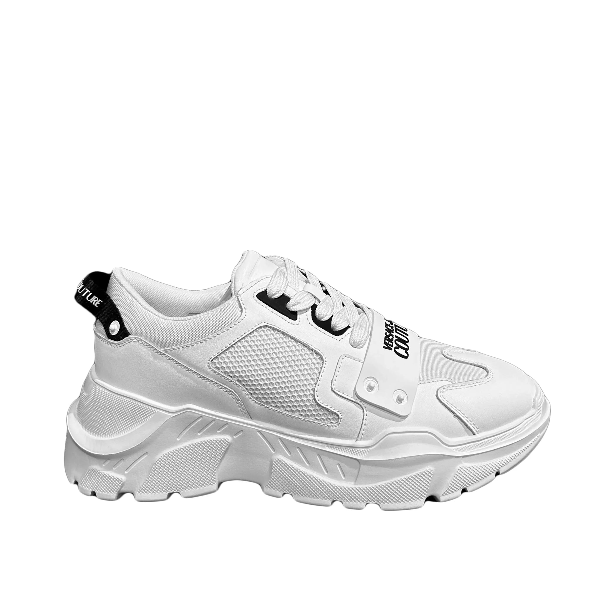 Versace Jeans Couture Chunky Sneakers in white, featuring a mix of leather and mesh, a bold chunky sole, and signature branding for a stylish and comfortable fit, available at Lestyle Boutique.