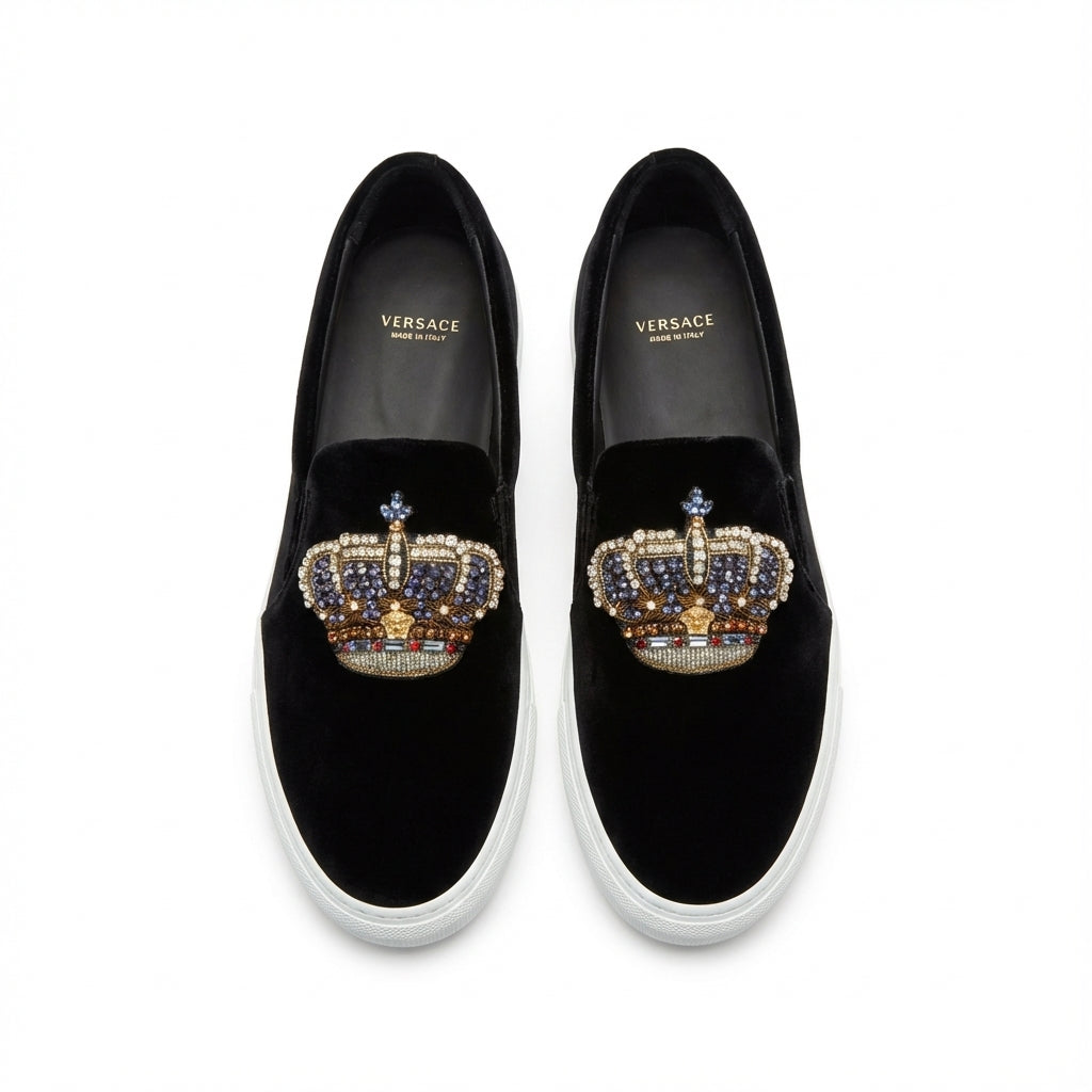 Versace slip-on shoes featuring jeweled crown embellishment available at Lestyle Boutique Melbourne
