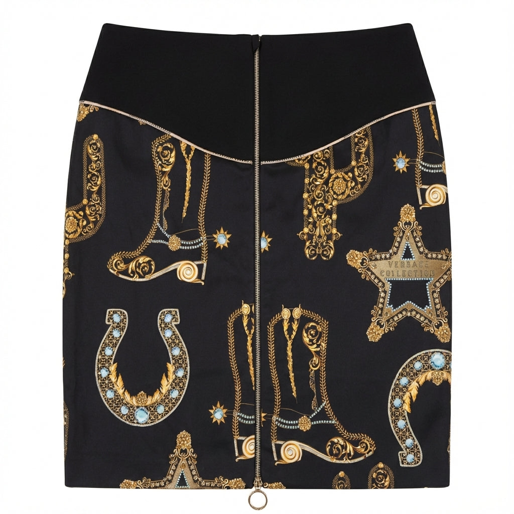 Versace skirt featuring ornate gold chain and jewel embellishment print available at Lestyle Boutique Melbourne