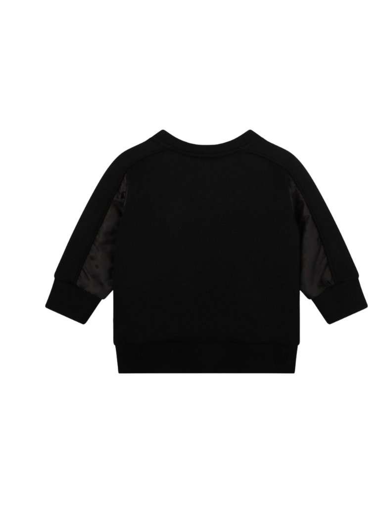 BOSS Kidswear black stretch-cotton sweatshirt featuring a stylish logo print on the front. This premium piece showcases a classic crew neck design with long sleeves, perfect for comfort and style. The high-quality material ensures durability, making it ideal for active kids. Perfect for casual outings or playdates, this designer sweatshirt adds a touch of luxury to any child's wardrobe, available at Lestyle Boutique Melbourne.