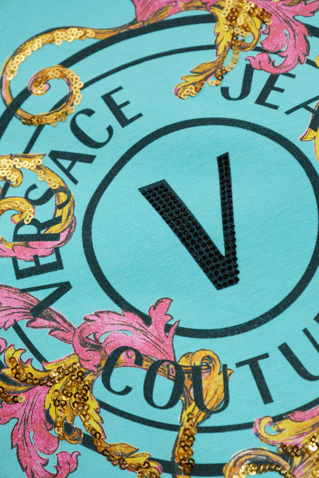 Versace Jeans Couture Blue T-Shirt featuring a decorative Barocco print and shimmering V-Emblem applique, designed for a chic and modern look, available at Lestyle Boutique.