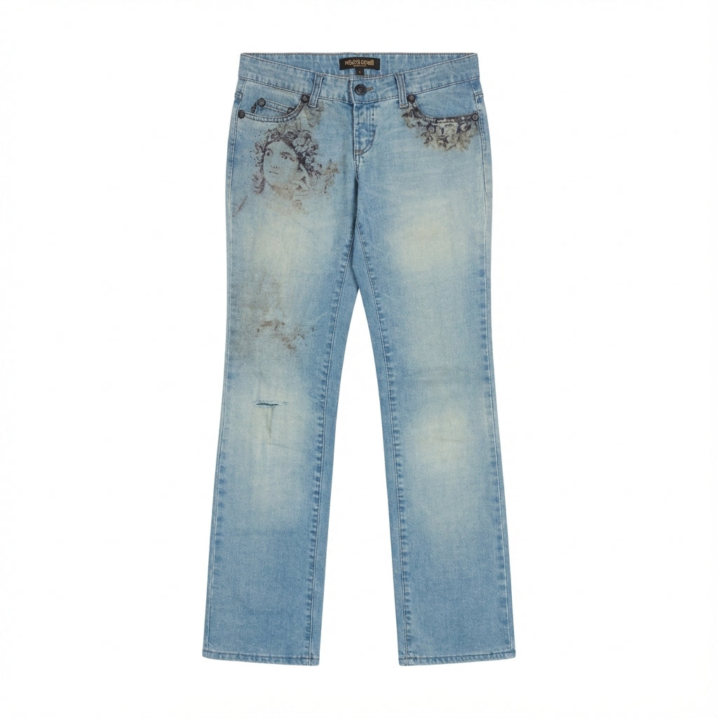 ROBERTO CAVALLI JEANS featuring distressed print detailing available at Lestyle Boutique Melbourne