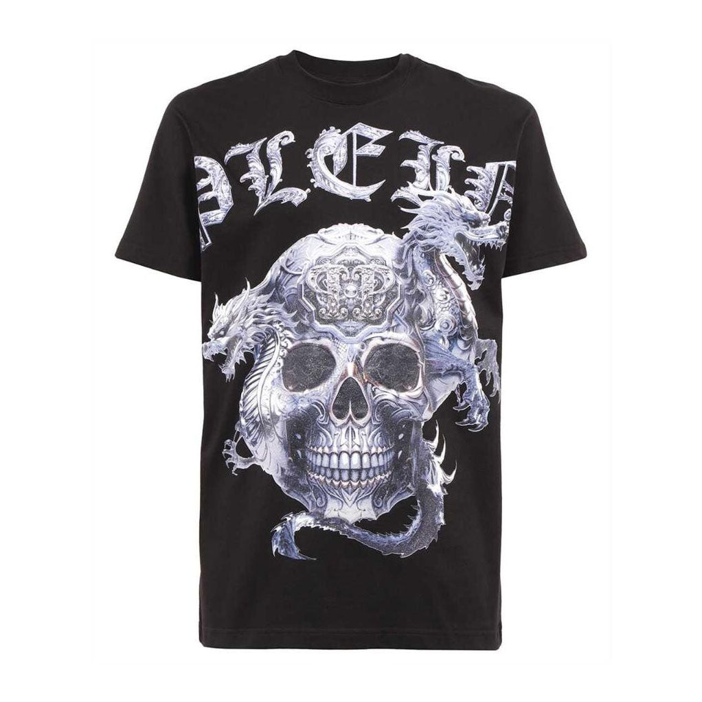 Philipp Plein black T-shirt featuring a dragon and skull design with crystal accents, available at Lestyle Boutique.