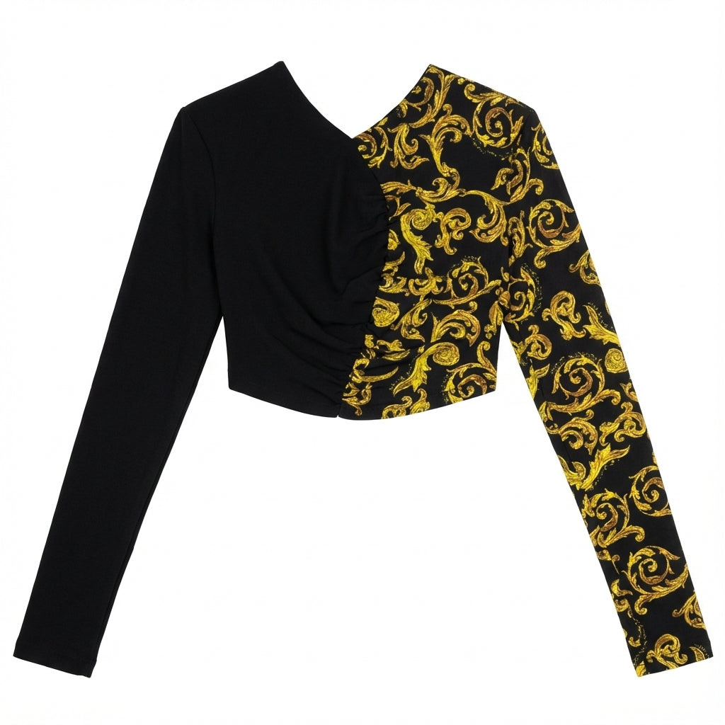 Versace Jeans Couture top featuring asymmetric black and gold baroque sleeve, available at Lestyle Boutique Melbourne
