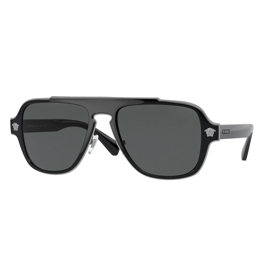 Versace VE2199 silver shield sunglasses with grey lenses, available at Lestyle Boutique Melbourne. A luxurious and stylish accessory for any occasion.