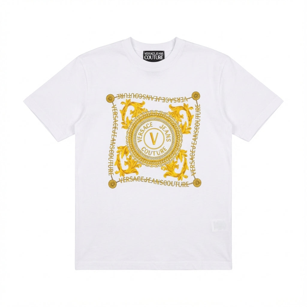 Versace Jeans Couture white T-shirt with gold-tone logo print available at Lestyle Boutique Melbourne