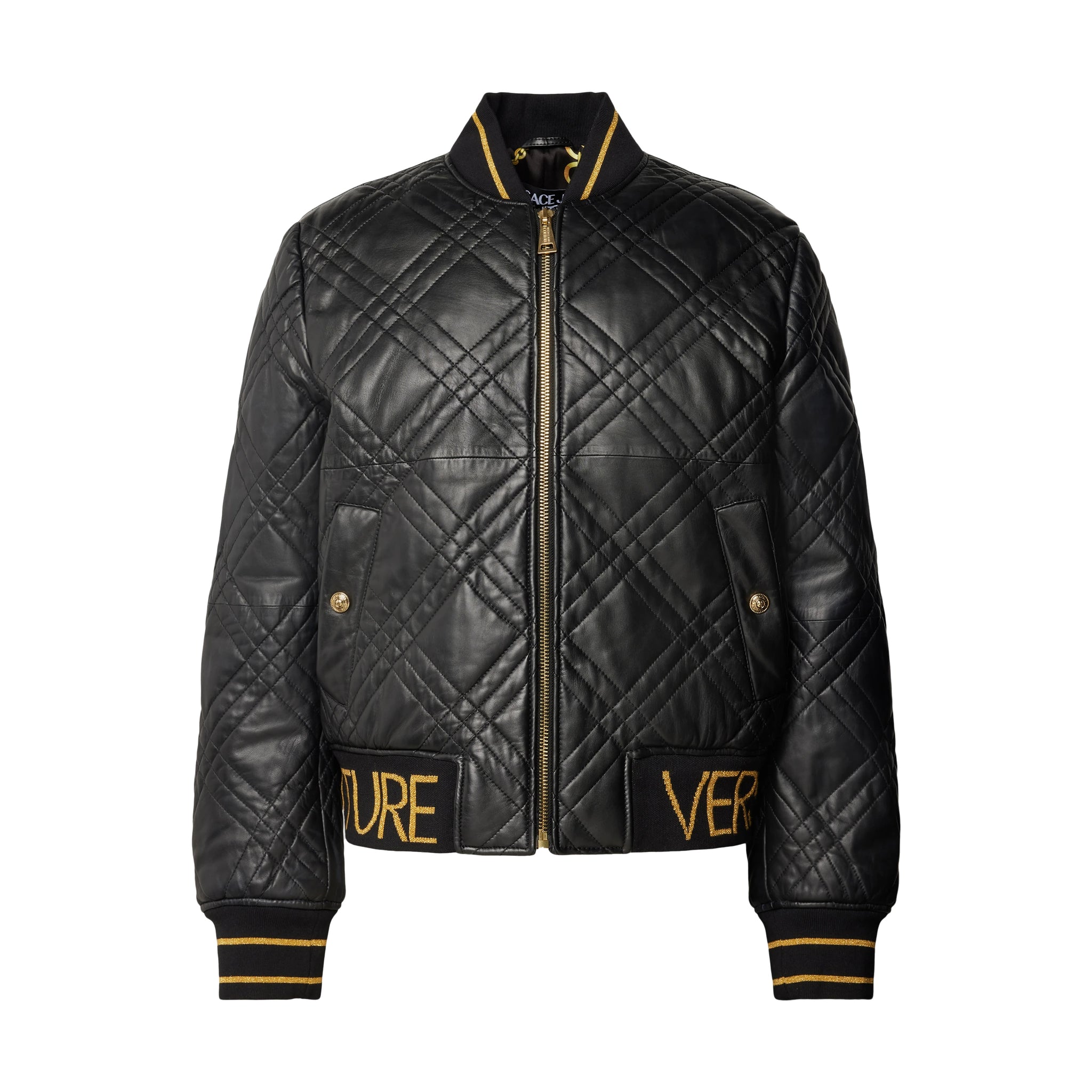 Versace Jeans Couture black leather jacket with a sleek design, available at Lestyle Boutique Melbourne. A stylish and durable choice for a luxurious outerwear look.