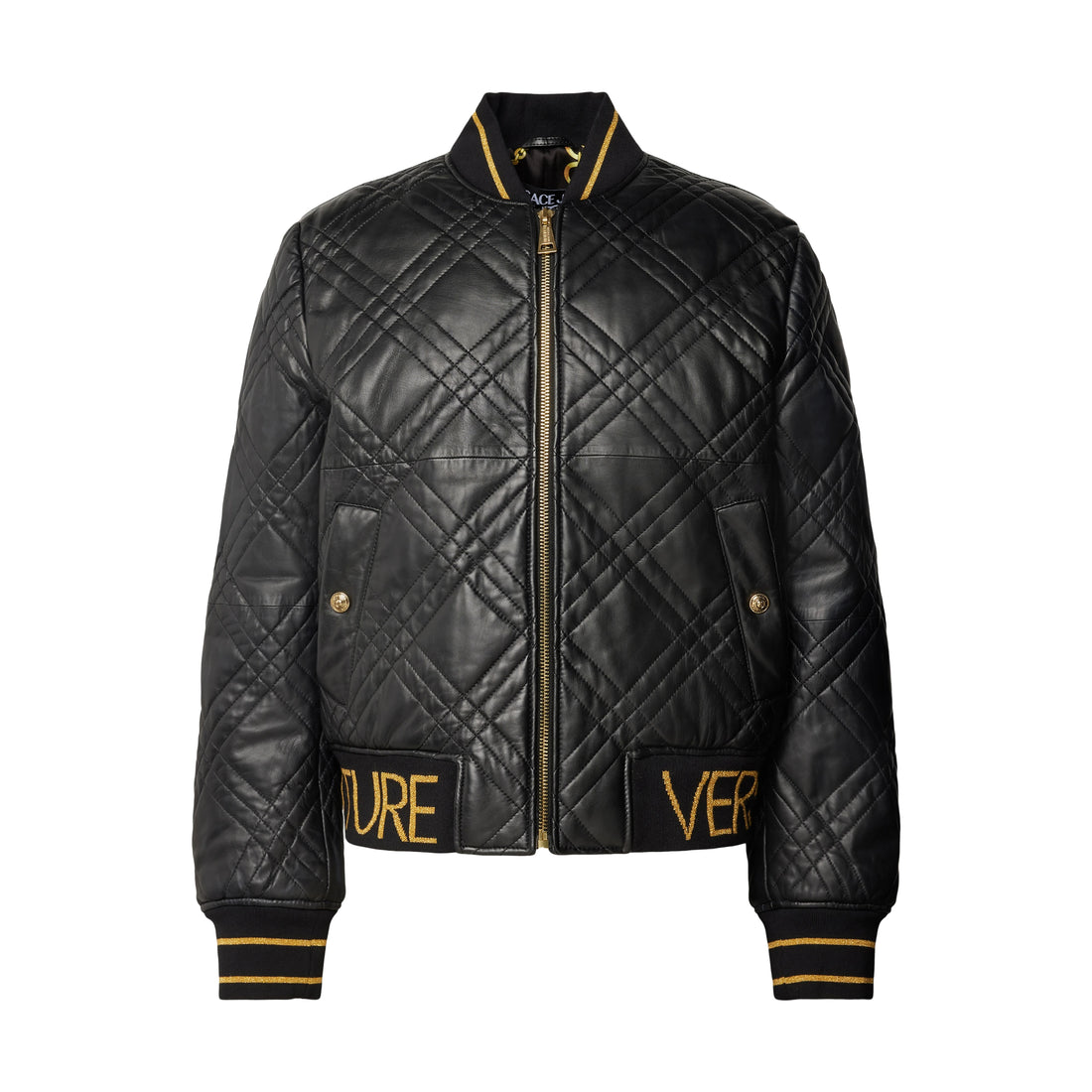 Versace Jeans Couture black leather jacket with a sleek design, available at Lestyle Boutique Melbourne. A stylish and durable choice for a luxurious outerwear look.