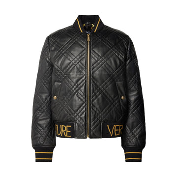 Versace Jeans Couture black leather jacket with a sleek design, available at Lestyle Boutique Melbourne. A stylish and durable choice for a luxurious outerwear look.