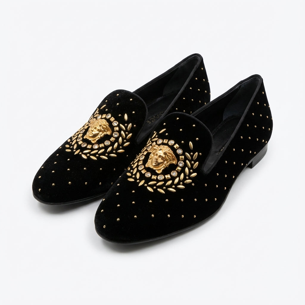 Versace flats featuring Medusa head emblem with gold studs available at Lestyle Boutique Melbourne