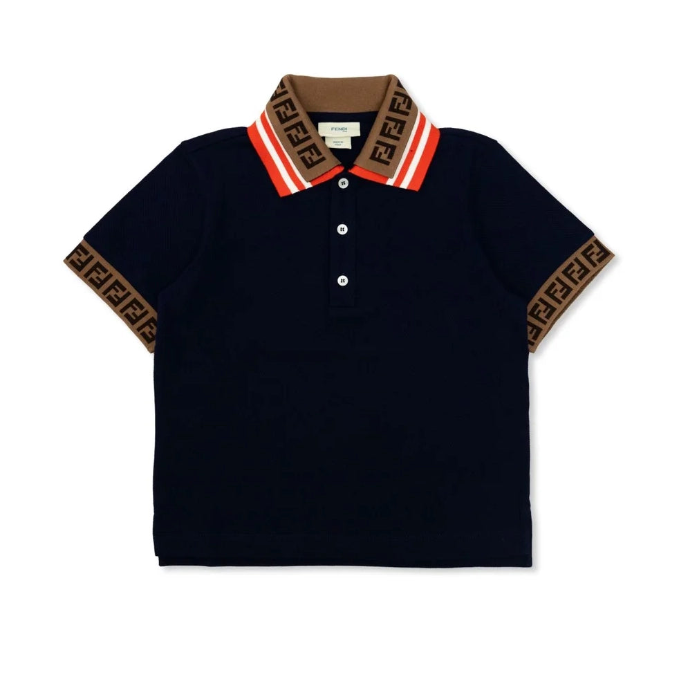 Fendi Kids navy polo shirt with FF motif intarsia on collar and sleeve cuffs, adding a stylish touch, available at Lestyle Boutique Melbourne.