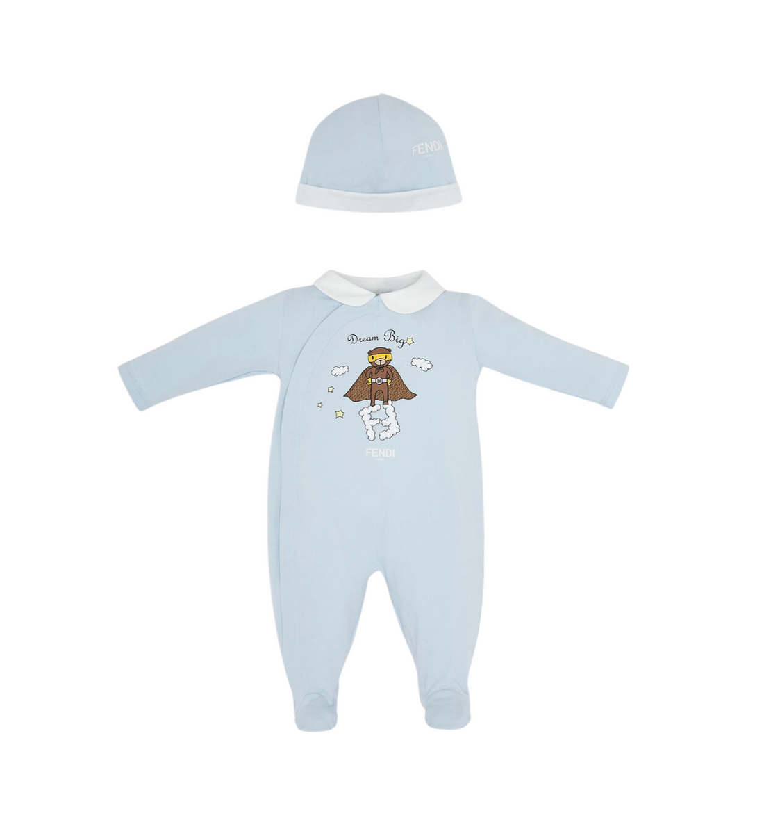 Fendi baby romper set featuring light blue design with a cute print, available at Lestyle Boutique Melbourne