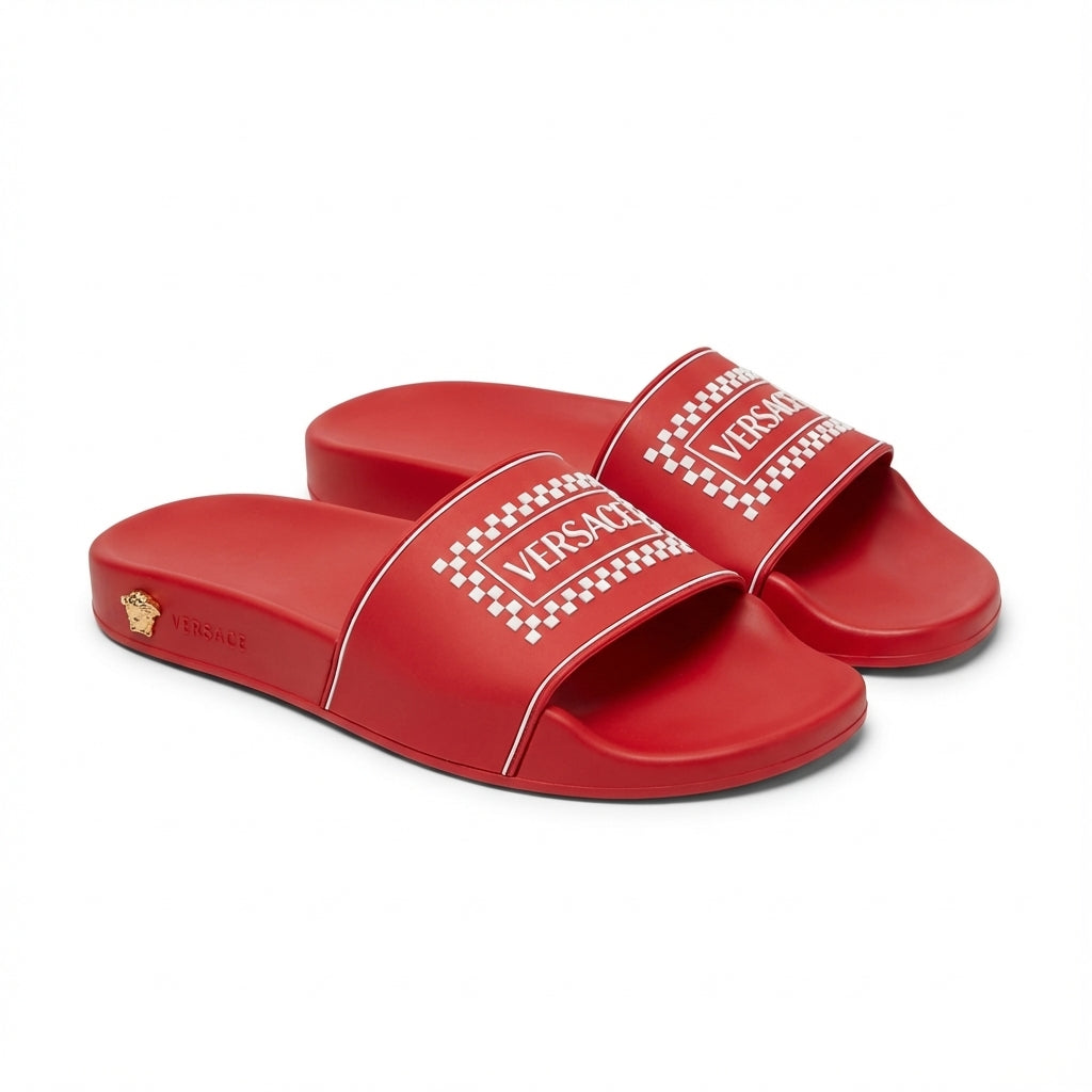Versace slides featuring white checkered strap in red available at Lestyle Boutique Melbourne