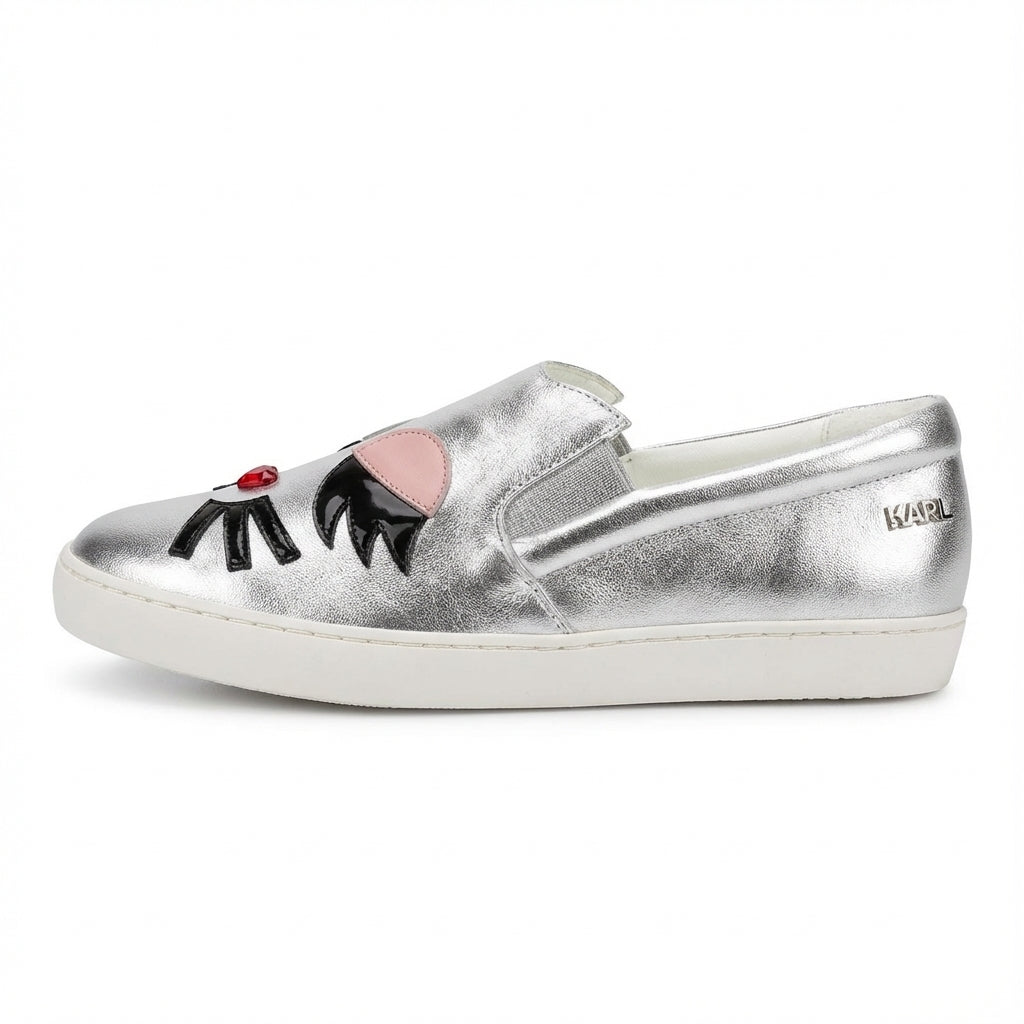 Karl Lagerfeld slip-on sneakers with metallic finish and cat-face motif available at Lestyle Boutique Melbourne