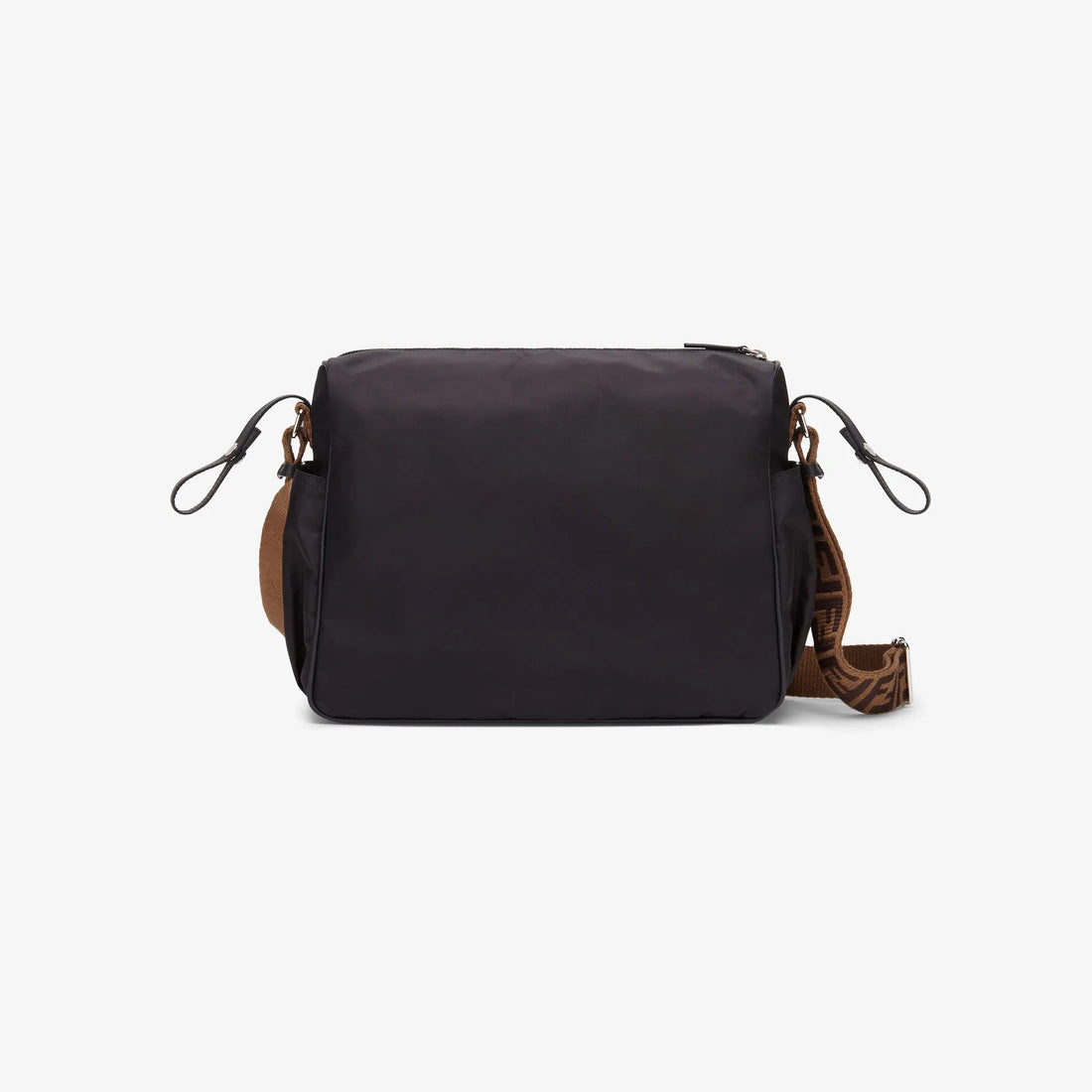 Fendi black nylon and leather changing bag featuring an embossed logo, FF logo shoulder strap, stroller hooks, and included changing mat, Made in Italy, available at Lestyle Boutique 136 Little Collins St.