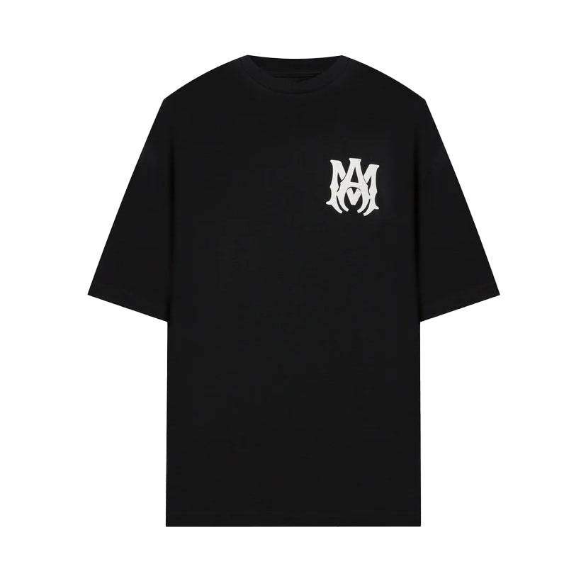 A black cotton t-shirt by AMIRI, available at Lestyle Boutique. Featuring the MA monogram logo on the chest and a bold AMIRI logo on the back, this tee offers a perfect blend of style and comfort.