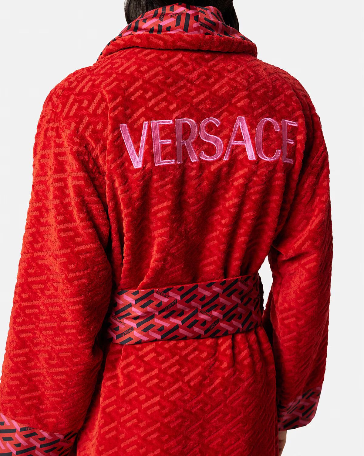 Versace BATHROBE featuring La Greca pattern in red, available at Lestyle Boutique Melbourne
