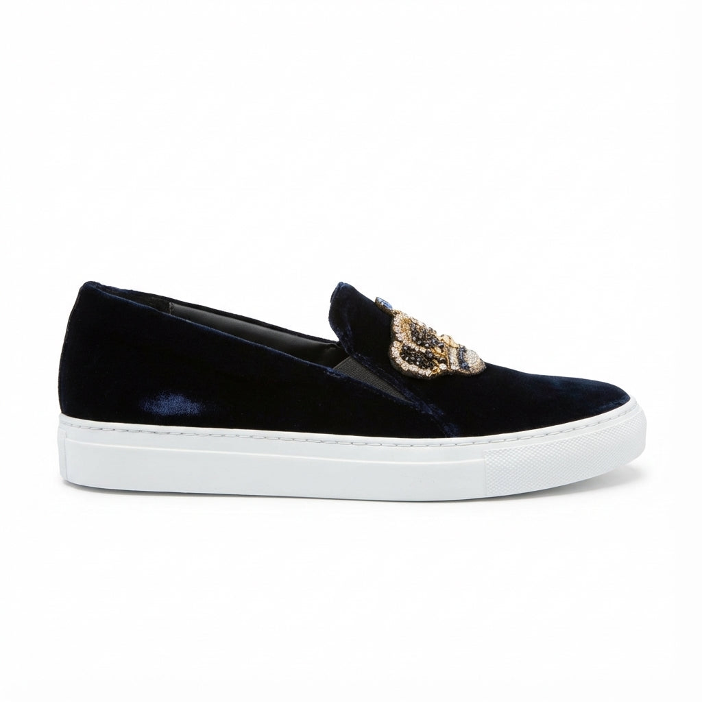 Versace navy velvet loafer featuring jeweled buckle available at Lestyle Boutique Melbourne