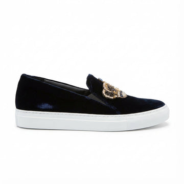 Versace navy velvet loafer featuring jeweled buckle available at Lestyle Boutique Melbourne
